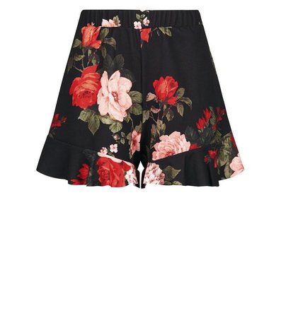 New Look Black Floral Frill Trim Shorts