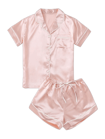 Contrast Binding Tie Front Satin PJ Set Baby Pink