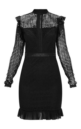 Black Lace Chiffon Frill Detail Bodycon Dress | PrettyLittleThing