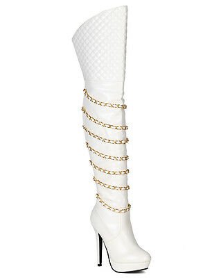 White Quilted Gold Chain Sexy Stiletto Heel Thigh High Boots, U 5.5, 6.5