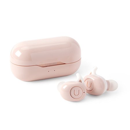 Portable earbuds with travel tether in pink