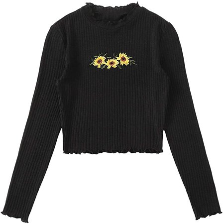 SOLY HUX Women's Long Sleeve Lettuce Trim Tee Floral Embroidery Rib-Knit Crop Top T-Shirt at Amazon Women’s Clothing store