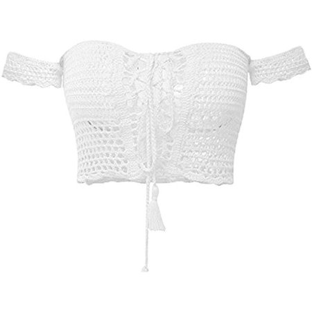 white crochet off shoulder crop top