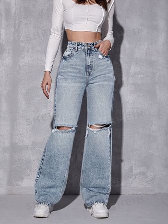 SHEIN High Waist Ripped Wide Leg Jeans | SHEIN