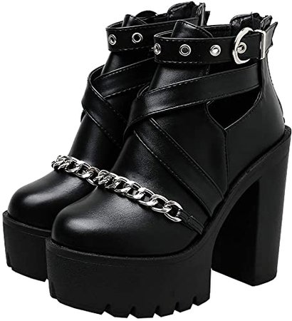 Amazon.com | Parisuit Women's Goth Platform Combat Boots with Chain and Buckle Chunky High Heel Back Zipper Ankle Booties-Black Size 4.5 | Ankle & Bootie
