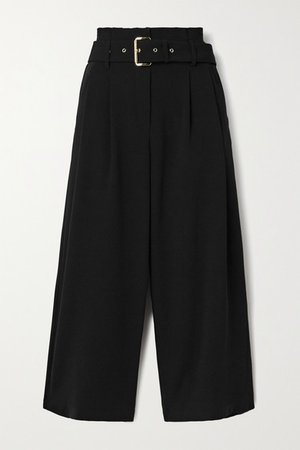 Belted Pleated Crepe Culottes - Black