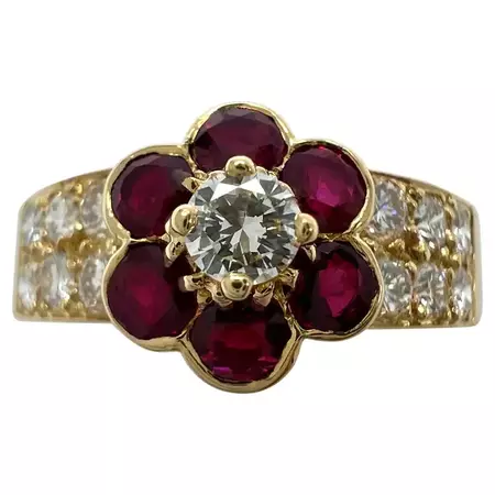 Rare Vintage Van Cleef and Arpels Vivid Red Ruby and Diamond Fleurette Flower Ring For Sale at 1stDibs | van cleef ring red