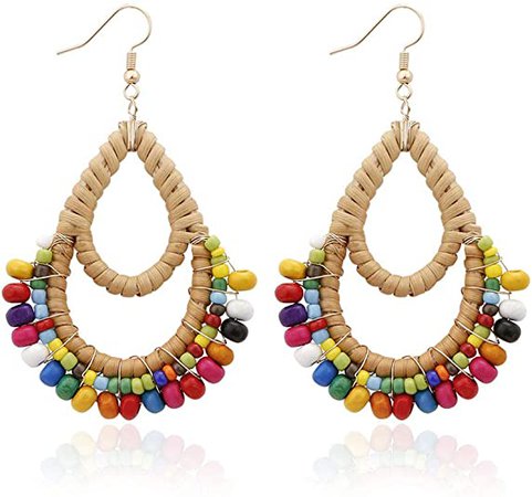 Amazon.com: Bohemian Rattan Colorful Wooden Beads Fish Hook Teardrop Earrings Dangle Drop Jewelry for Women Girls: Jewelry