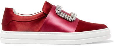 Sneaky Viv Crystal-embellished Two-tone Satin Slip-on Sneakers - Red