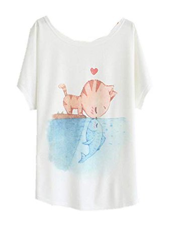 YICHUN Femme Fille Léger Tops T-Shirt Manche de Chauve-souris Fin Camisole Tee-shirt Tunique Blouse Tees (Cat et Poisson 2#): Amazon.fr: Vêtements et accessoires