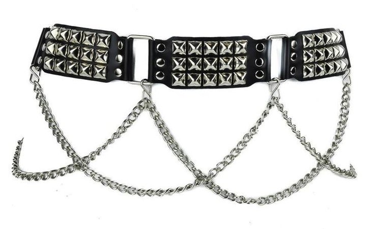 3 Row Silver Pyramid Stud Quality Leather Black Belt With Chains 1-1/2" Wide
