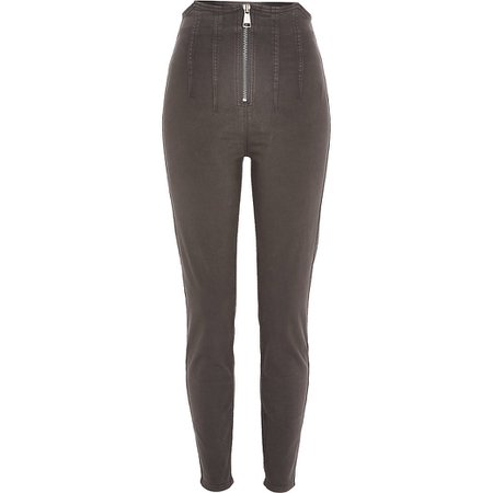 Grey high waist zip front skinny jeans | River Island