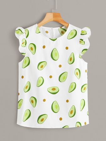 Avocado Print Ruffle Cuff Blouse | SHEIN