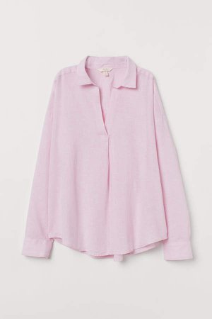 V-neck Linen-blend T-shirt - Pink