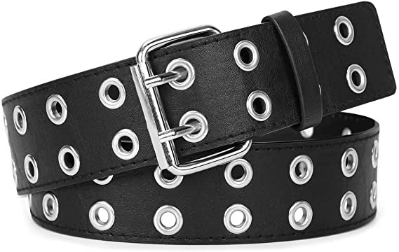 WERFORU Double Grommet Belt PU Leather Punk Aesthetic Belt for Women Jeans 2 Hole Belts 1.5 Wide at Amazon Women’s Clothing store