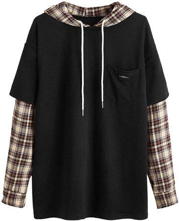 SweatyRocks Women's Casual Plaid Long Sleeve Hooded Sweatshirt Drop Shoulder Drawstring Hoodie with Pocket Stripe Black Large : Clothing, Shoes & Jewelry