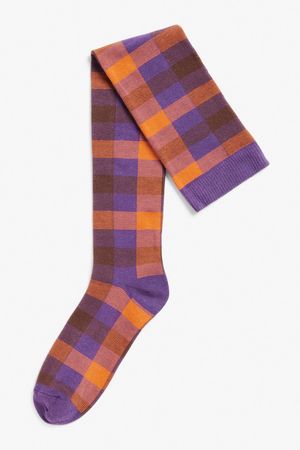 Orange and purple check print knee high socks - Orange & purple - Monki GB