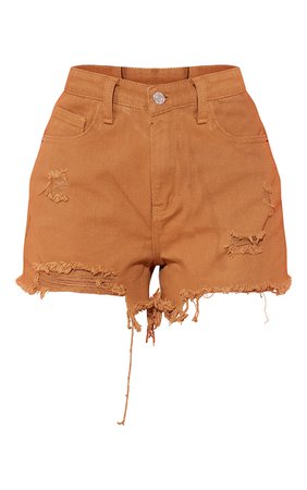 Light Brown Distressed Denim Shorts | Denim | PrettyLittleThing