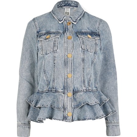 Blue frill fitted denim jacket | River Island