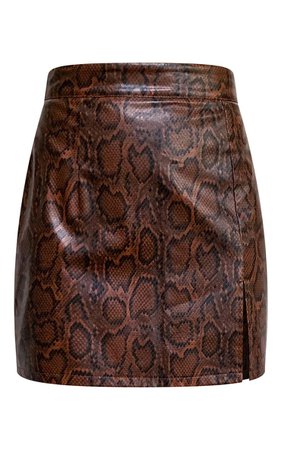 Brown Snake Faux Leather Split Front Mini Skirt | PrettyLittleThing USA