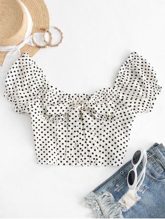 [32% OFF] 2020 Polka Dot Tie Front Crop Blouse In WHITE | ZAFUL