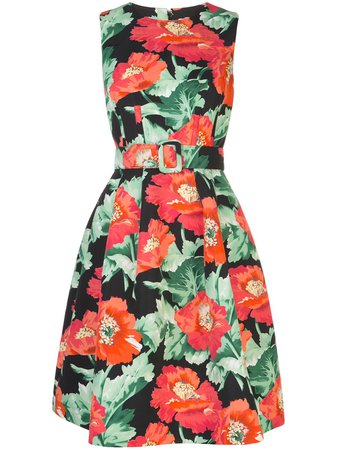 Oscar De La Renta poppy-print Belted A-line Dress - Farfetch