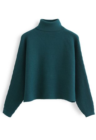 Exaggerated Ribbed High Neck Chunky Knit Crop Sweater in Dark