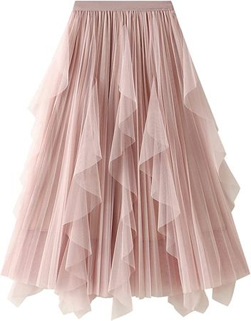 Dirholl Women's A-Line Fairy Elastic Waist Tulle Midi Skirt Tutu Apricot at Amazon Women’s Clothing store