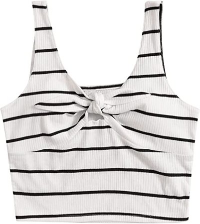 SweatyRocks Women's Striped V Neck Ribbed Fitted Crop Tank Top Tie Front Vest Tops White Black M at Amazon Women’s Clothing store