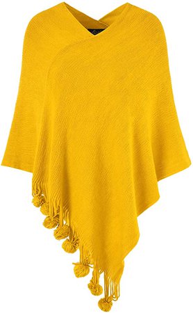 Ferand Women's Cozy Warm Poncho Sweater Elegant Shawl Wrap with Cute Pompoms, One size, Yellow at Amazon Women’s Clothing store
