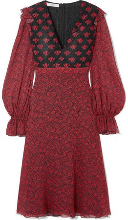 Floral-print Chiffon And Lace Midi Dress - Red