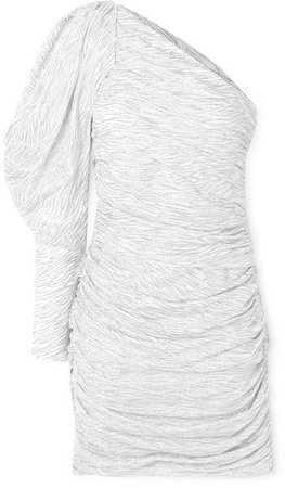 One-sleeve Ruched Glittered Zebra-print Silk-blend Mini Dress - White