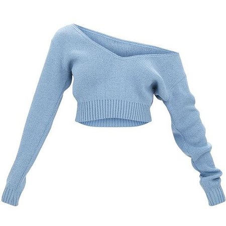 Light Blue Off Shoulder Cropped Sweater
