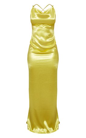 PLT Yellow Hammered Satin Strap Cowl Neck Maxi Dress
