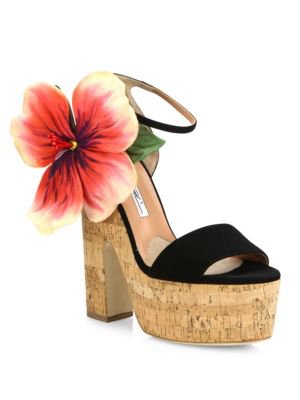 Brian Atwood Flower Kate Suede & Cork Platform Sandals In Black | ModeSens