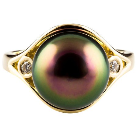 Kian Design Tahitian Pearl and Diamond Cocktail Ring in 18 Carat Yellow Gold For Sale at 1stdibs