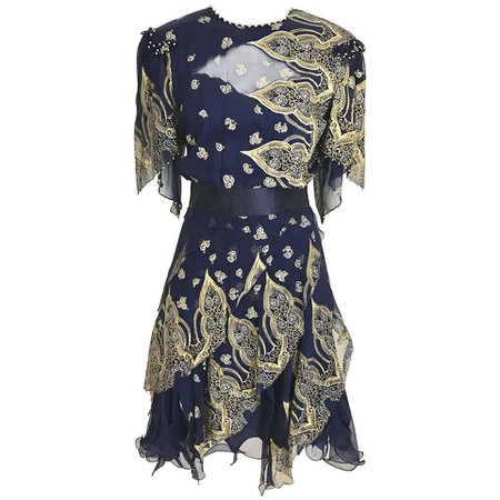 Vintage Zandra Rhodes 1980s Blue and gold hand print silk cocktail dress For Sale at 1stDibs