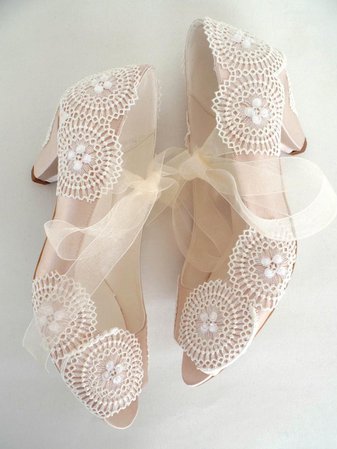 Low Heel Boho Wedding Shoes Champagne Satin Ivory Lace | Etsy