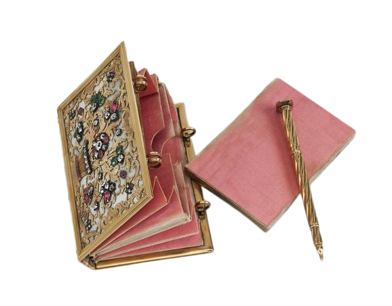notebook purse, 1740s, mother of pearl, gold, diamonds, rubies emeralds, amethyst, silver, silk.bg