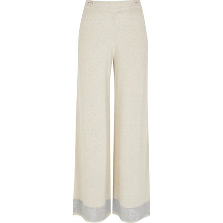 Beige knitted button front wide leg trousers | River Island