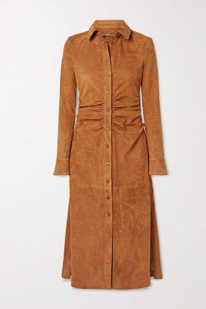 Claudia Ruched Suede Midi Shirt Dress - Camel
