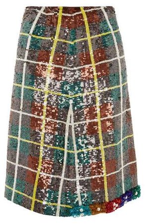 Bead Embellished Sequinned Plaid Skirt - Womens - Green Multi