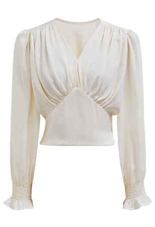 Satin Finish V-Neck Puff Sleeves Crop Top in Cream - Retro, Indie and Unique Fashion