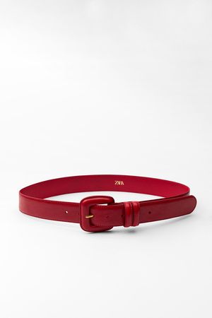 LEATHER BELT WITH SQUARE BUCKLE - Red | ZARA United States
