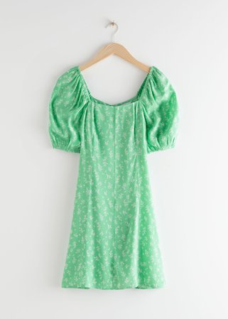 Puff Sleeve Mini Dress - Green Florals - Mini dresses - & Other Stories