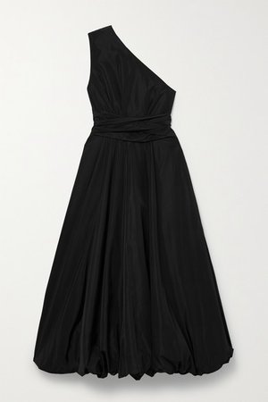 One-shoulder Belted Taffeta Midi Dress - Black