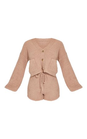 Brown Premium Fluffy Knit Cardigan Shorts Lounge Set | PrettyLittleThing USA