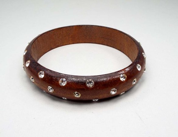 Brown Wooden Vintage Rhinestone Bangle Bracelet Retro 1980s | Etsy