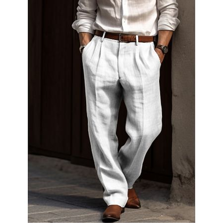 Men's Linen Pants Trousers Summer Pants Pleated Pants Front Pocket Straight Leg Plain Comfort Breathable Casual Daily Holiday Linen Cotton Blend Fashion Basic Black White 2024 - $25.99