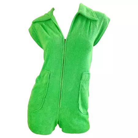 Amazing 1970s Terrycloth Neon Green Romper Vintage 70s Shorts Jumpsuit For Sale at 1stDibs